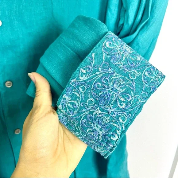 Robert Graham 100% Linen Embroidered Flip Cuff Blue Men's Button-Up Shirt Sz XL - Picture 4 of 16